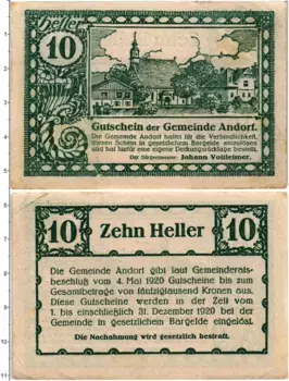 Банкнота 10 геллеров Австрии 1921 года Андорф