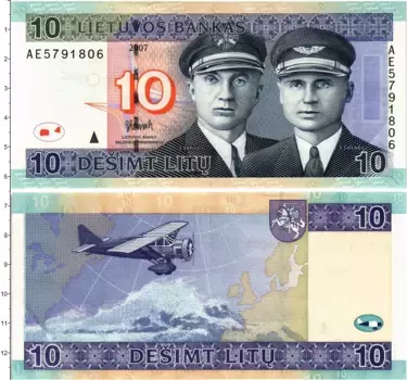 Банкнота 10 лит Литвы 2007 года Лётчики Стяпонас Дарюс и Стасис Гиренас