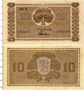 Банкнота 10 марок Финляндии 1939 года Казначейский билет