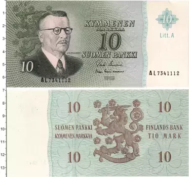 Банкнота 10 марок Финляндии 1963 года Юхо Кусти Паасикиви