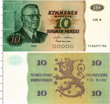 Банкнота 10 марок Финляндии 1980 года Юхо Кусти Паасикиви