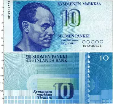 Банкнота 10 марок Финляндии 1986 года Пааво Йоханнес Нурми