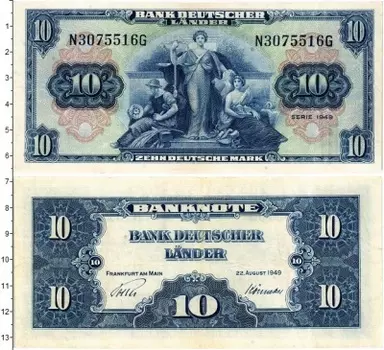 Банкнота 10 марок ФРГ 1949 года Банк Немецких земель