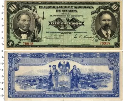 Банкнота 10 песо Мексики 1915 года Свободное и суверенное государство Синалоа