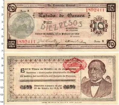 Банкнота 10 песо Мексики 1916 года Штат Оахака
