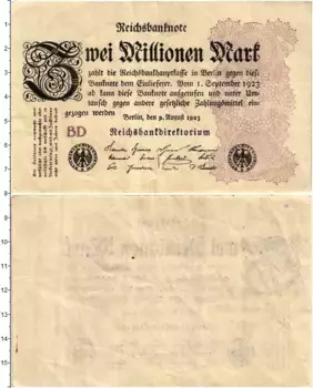 Банкнота 2000000 марок Веймарской республики 1923 года Берлин