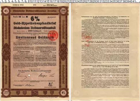 Банкнота 2000 марок Веймарской республики 1927 года 6% Облигация