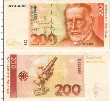 Банкнота 200 марок ФРГ 1989 года Пауль Эрлих