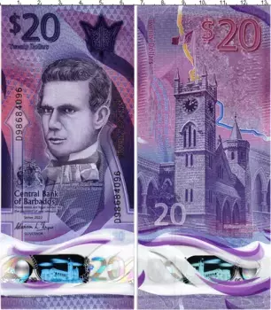 Банкнота 20 долларов Барбадоса 2022 года Политик Сэмюэл Джекман Прескод Этот радужный экземпляр банкноты отражает богатое культурное наследие Барбадоса