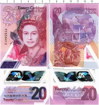 Банкнота 20 долларов Кариб 2019 года Елизавета II