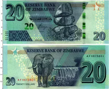 Банкнота 20 долларов Зимбабве 2020 года