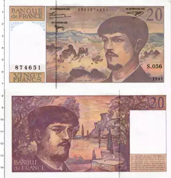 Банкнота 20 франков Франции 1997 года Клод Дебюсси