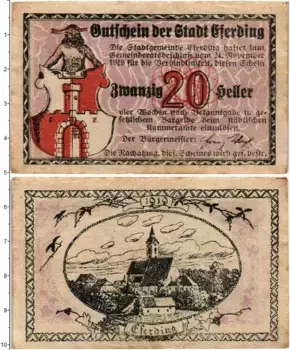 Банкнота 20 геллеров Австрии 1919 года Эфердинг