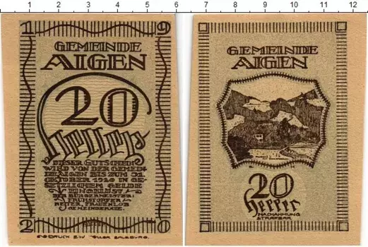 Банкнота 20 геллеров Австрии 1920 года Айген-им-Энсталь