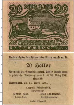 Банкнота 20 геллеров Австрии 1920 года Альтенмаркт-ан-дер-Тристинг
