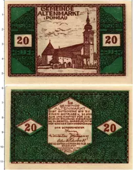 Банкнота 20 геллеров Австрии 1920 года Альтенмаркт (Понгау)