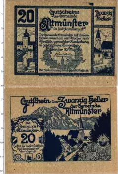 Банкнота 20 геллеров Австрии 1920 года Альтмюнстер