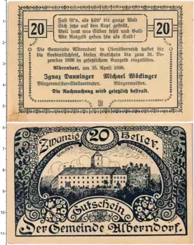 Банкнота 20 геллеров Австрии 1920 года Альберндорф