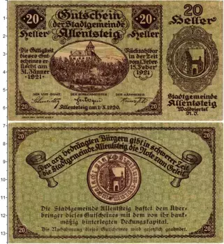 Банкнота 20 геллеров Австрии 1920 года Аллентштайг