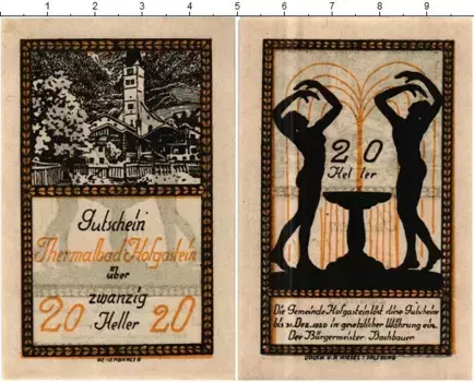 Банкнота 20 геллеров Австрии 1920 года Бад-Хофгастайн