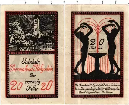 Банкнота 20 геллеров Австрии 1920 года Бад-Хофгастайн