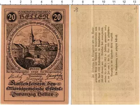 Банкнота 20 геллеров Австрии 1920 года Бессер