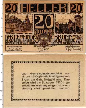 Банкнота 20 геллеров Австрии 1920 года Брун-ам-Гебирге