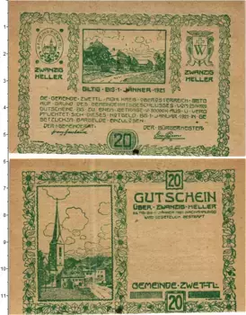 Банкнота 20 геллеров Австрии 1920 года Цветль