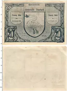 Банкнота 20 геллеров Австрии 1920 года Димбах