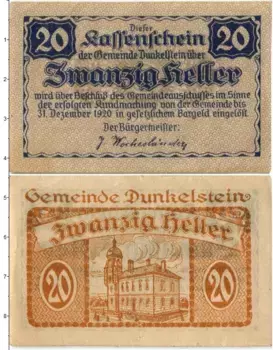 Банкнота 20 геллеров Австрии 1920 года Дункельштайн