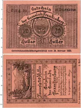 Банкнота 20 геллеров Австрии 1920 года Франкенбург