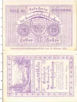 Банкнота 20 геллеров Австрии 1920 года Франкенбург