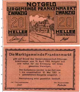 Банкнота 20 геллеров Австрии 1920 года Франкенмаркт