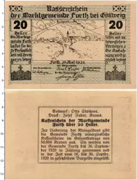 Банкнота 20 геллеров Австрии 1920 года Фурт