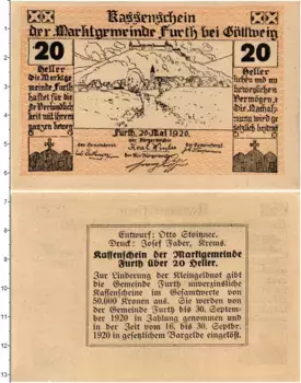 Банкнота 20 геллеров Австрии 1920 года Фурт