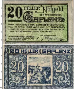 Банкнота 20 геллеров Австрии 1920 года Гафленц