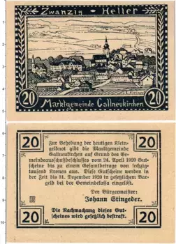 Банкнота 20 геллеров Австрии 1920 года Гальнойкирхен
