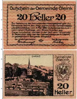 Банкнота 20 геллеров Австрии 1920 года Глейнк