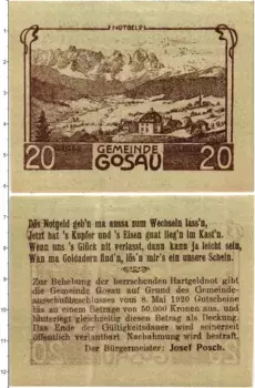 Банкнота 20 геллеров Австрии 1920 года Госау