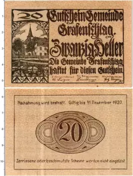 Банкнота 20 геллеров Австрии 1920 года Графеншлаг