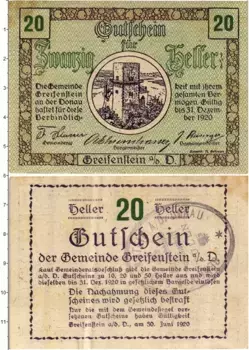 Банкнота 20 геллеров Австрии 1920 года Грайфенштейн Н