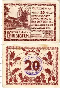 Банкнота 20 геллеров Австрии 1920 года Гристофен