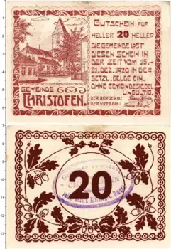 Банкнота 20 геллеров Австрии 1920 года Гристофен