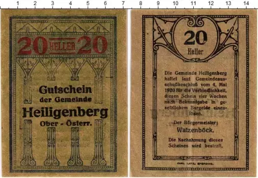 Банкнота 20 геллеров Австрии 1920 года Хайлигенберг