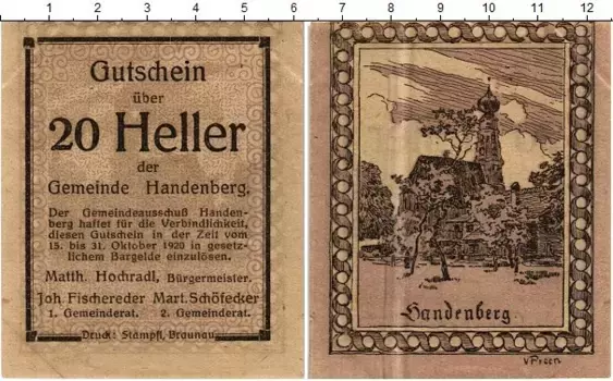 Банкнота 20 геллеров Австрии 1920 года Ханденберг