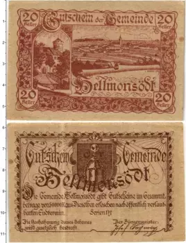 Банкнота 20 геллеров Австрии 1920 года Хельмонзёдт