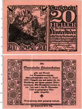 Банкнота 20 геллеров Австрии 1920 года Хинтерштодер