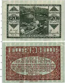 Банкнота 20 геллеров Австрии 1920 года Хюттау