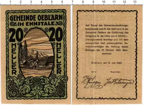 Банкнота 20 геллеров Австрии 1920 года Эбларн-им-Энсталь
