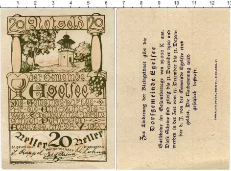 Банкнота 20 геллеров Австрии 1920 года Эгельзе